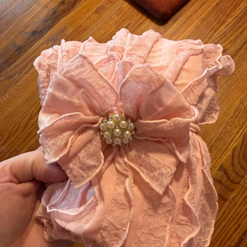 Chic Pink Ruffled Headband with Pearl Cluster